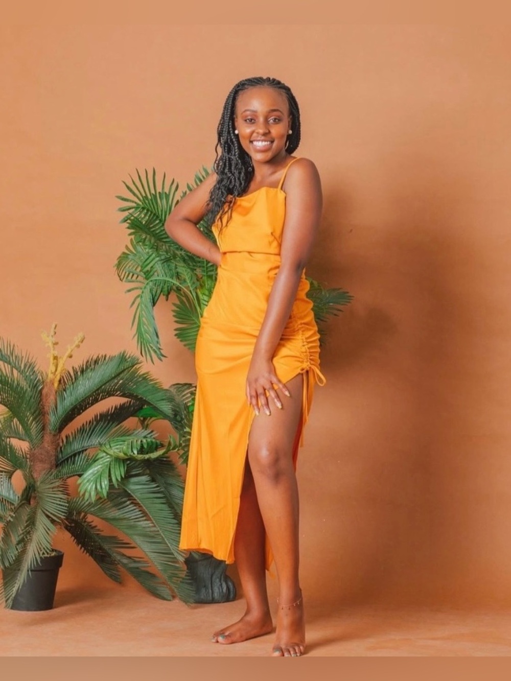 Women's Orange Asymmetrical Ruched Side Slip Dress